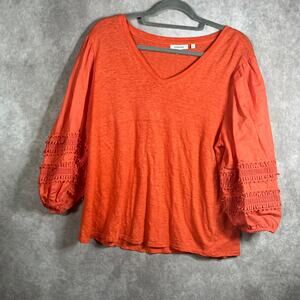 Chico's Blouse Womens Size 3 US XL Orange Linen Embroidered Sleeve V-Neck Casual